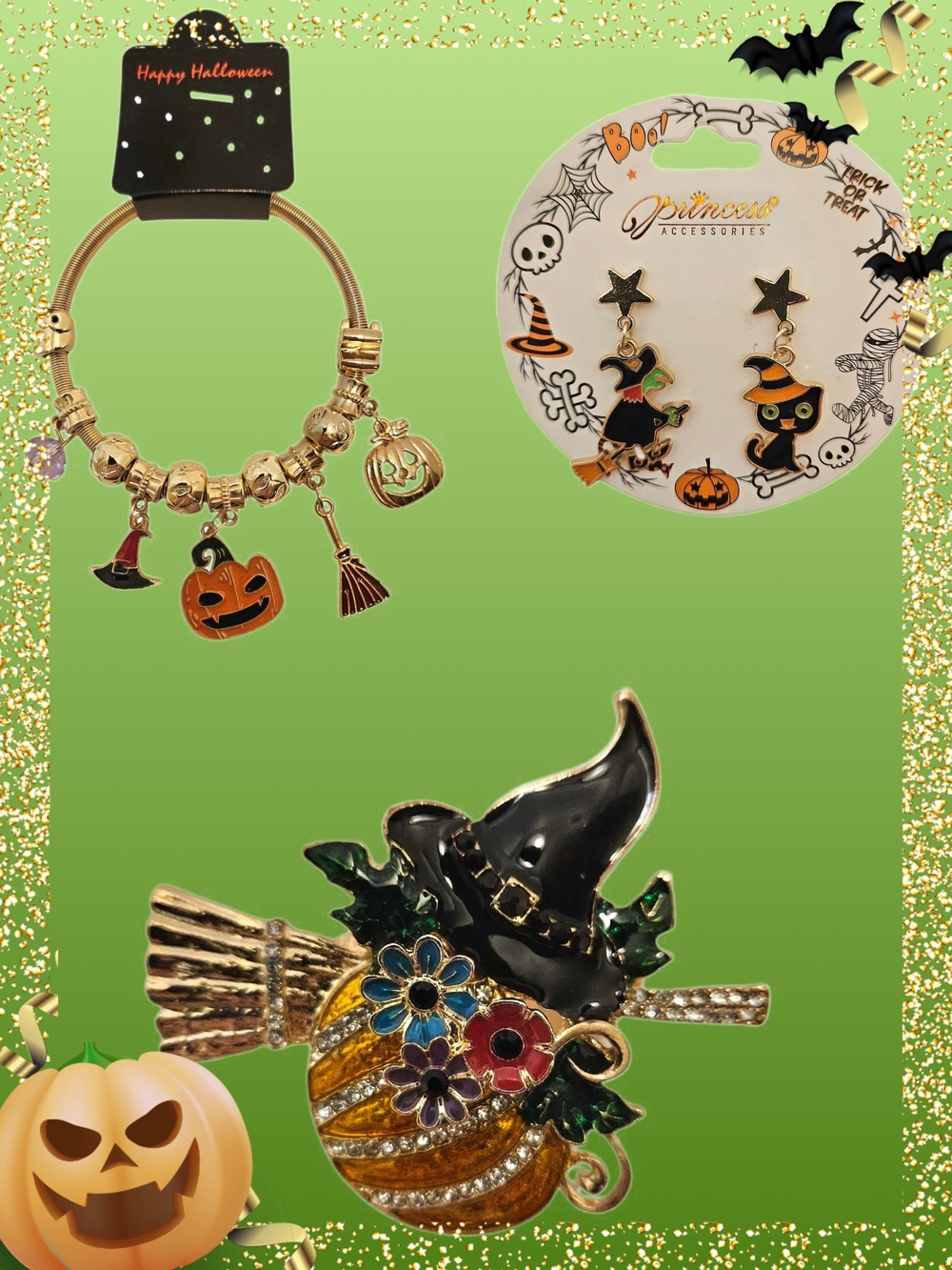 Halloween Charm Bracelet, Witch Hat & Pumpkin Brooch, Witch & Cat Earrings